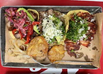 Tray of three tacos from Orinoco in Mexico City